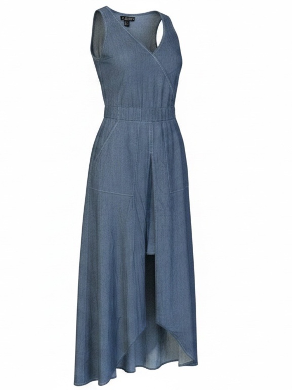 Miss Lili Blue Chambray Sleeveless Maxi Dress Wrap High-Low Size (NWOT)